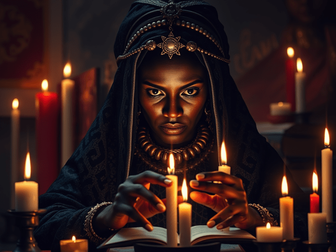 Briser un couple avec la magie illustré par des bougies noires et blanches, une corde symboliquement séparée, des cauris, des cristaux et une ambiance mystique évoquant les croyances spirituelles.