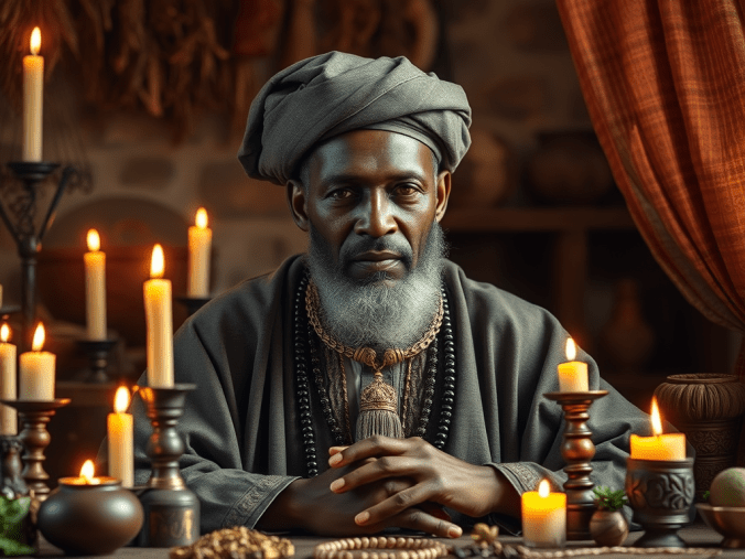 Reconnaître un marabout sérieux dans un cadre spirituel avec des bougies allumées, des cauris, un livre ancien, des symboles traditionnels et une ambiance inspirant la confiance, la sagesse et l'écoute.