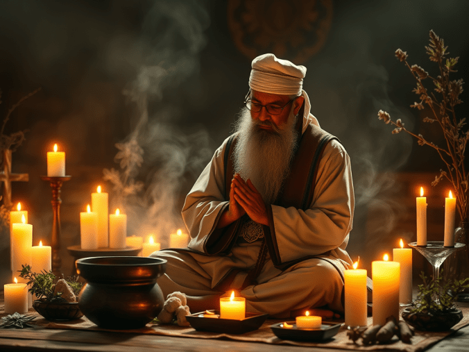 Comment se désenvoûter efficacement avec une ambiance spirituelle composée de bougies blanches, d'encens, de cristaux, de cauris et de symboles de purification évoquant la protection et la sérénité.