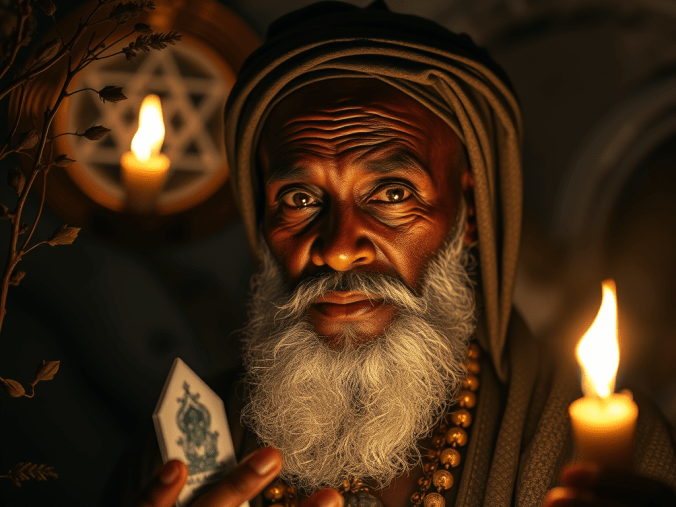 Trouver un marabout compétent avec une ambiance spirituelle composée de bougies, de cauris, d'un livre ancien, de symboles traditionnels et d'objets représentant la sagesse, l'écoute et le conseil.