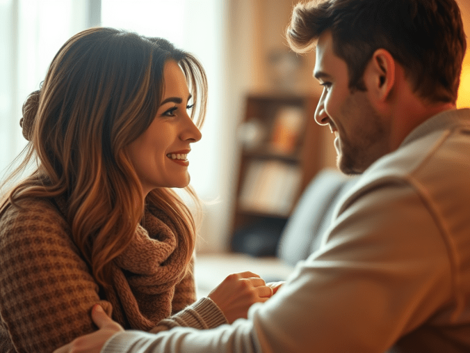 Reconquérir son ex avec un couple se retrouvant dans une ambiance romantique, entouré de roses rouges, de bougies allumées et d'un coucher de soleil symbolisant la réconciliation et une seconde chance en amour.