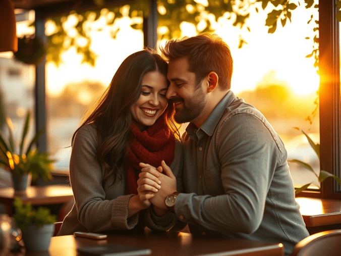 Récupérer son ex grâce à des méthodes efficaces avec un couple se retrouvant dans une ambiance romantique, des roses rouges, des bougies allumées et un coucher de soleil symbolisant la réconciliation.
