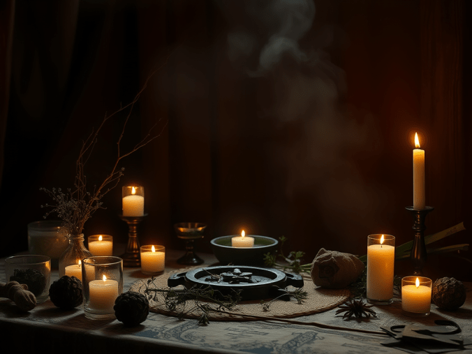 Récupérer son ex : rituel efficace en 4 heures avec une ambiance spirituelle composée de bougies, de roses rouges, d'un sablier, d'une horloge et de symboles représentant l'espoir d'une réconciliation.