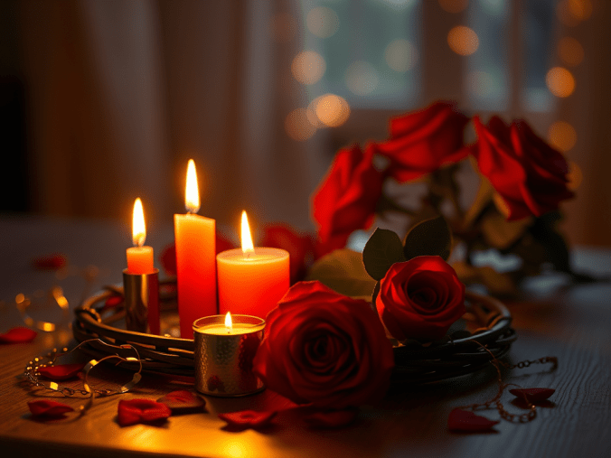 Retour d'affection rapide avec une ambiance romantique composée de roses rouges, de bougies allumées, d'un cœur symbolique et d'éléments spirituels représentant l'amour retrouvé et la réconciliation.