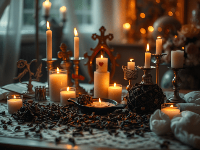 Rituel d'amour avec clou de girofle illustrant une pratique symbolique liée à l'attraction amoureuse et aux intentions sentimentales.