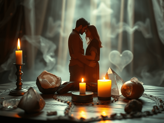 Rituel d'amour avec photo illustrant une pratique spirituelle symbolique liée aux intentions amoureuses et à la réconciliation.