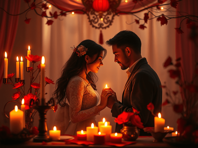 Rituel de retour affectif avec des bougies, des roses rouges, des cristaux et des symboles spirituels représentant la réconciliation, le retour de l'amour et l'harmonie sentimentale.