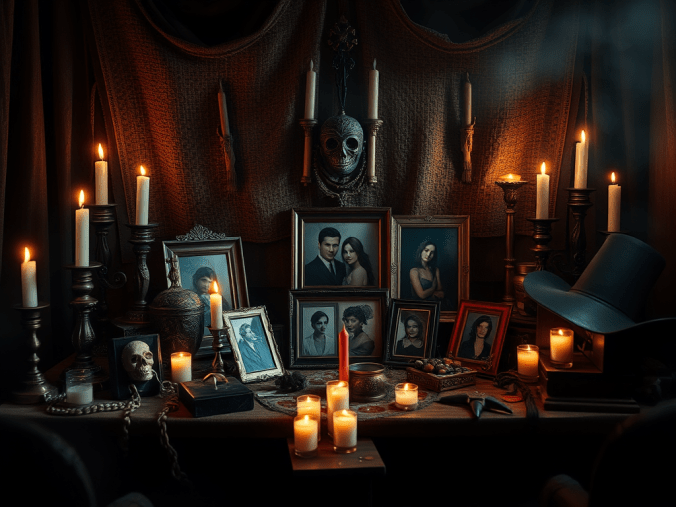 Rituel de séparation pour couples avec des bougies, des objets symboliques et une ambiance spirituelle illustrant le lâcher-prise, la reconstruction émotionnelle et le renouveau.