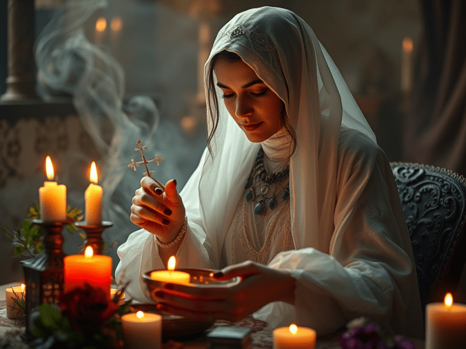 Rituels de comportement d'une personne envoûtée avec une ambiance spirituelle, des bougies, des symboles mystiques et des éléments de méditation représentant les croyances ésotériques.
