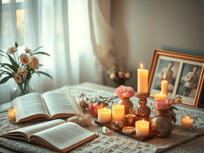 Faire un rituel d'amour efficace avec des bougies rouges, une rose, du quartz rose, de l'encens, un cœur symbolique et une ambiance spirituelle propice à la méditation et à l'amour.