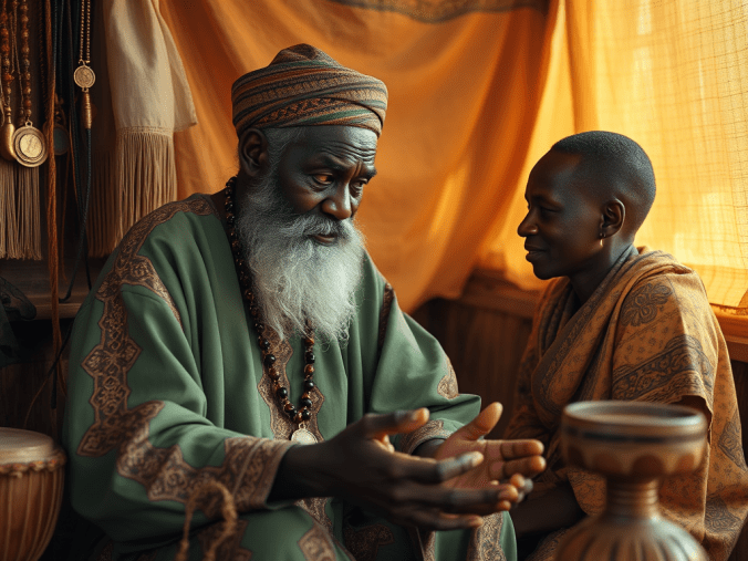 Reconnaître un marabout authentique au Bénin avec une ambiance spirituelle composée de bougies, de cauris, d'un livre ancien, de symboles traditionnels béninois et d'un cadre évoquant la sagesse et les traditions.