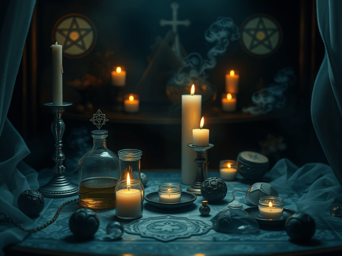 Envoûtement amoureux : effets et symptômes illustrés par une ambiance spirituelle avec des bougies rouges, une rose, un cœur symbolique, des cristaux, des cauris et des objets traditionnels évoquant les croyances et l'introspection.