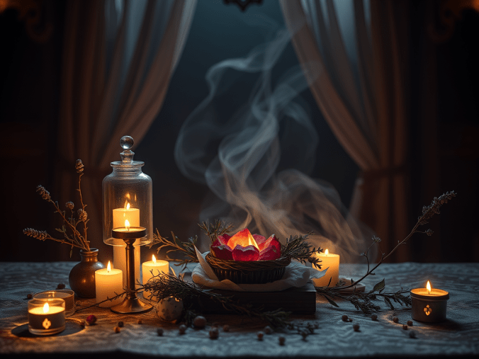 Comprendre l'envoûtement amoureux rapide avec une ambiance spirituelle composée de bougies allumées, d'une rose rouge, d'un cœur symbolique, de cauris et d'objets traditionnels évoquant les croyances liées à l'amour.