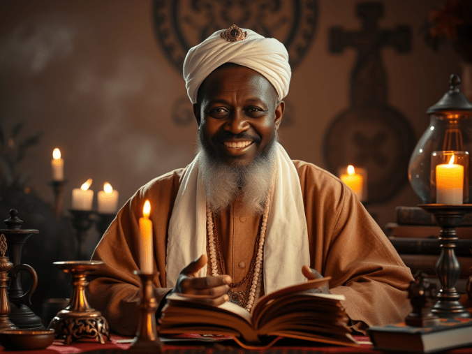 Numéro d’un marabout sérieux au Bénin avec un téléphone, une ambiance spirituelle, des bougies, des symboles traditionnels et des éléments représentant l’écoute et l’accompagnement.