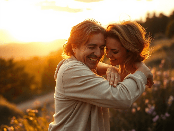 Retrouvailles amoureuses entre un couple se retrouvant avec émotion au coucher du soleil, entouré de roses rouges, de bougies et d'une ambiance romantique symbolisant l'amour retrouvé.