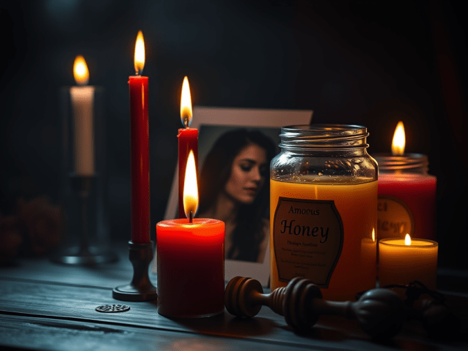 Rituel d'envoûtement amoureux efficace illustré par une ambiance spirituelle avec des bougies, des roses rouges, des cristaux, un cœur symbolique et des éléments ésotériques représentant les croyances liées à l'amour.