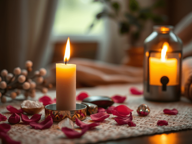 Rituel gratuit pour faire revenir l'être aimé avec des bougies, des roses rouges, des cristaux et des symboles spirituels représentant l'amour, le retour affectif et la réconciliation.