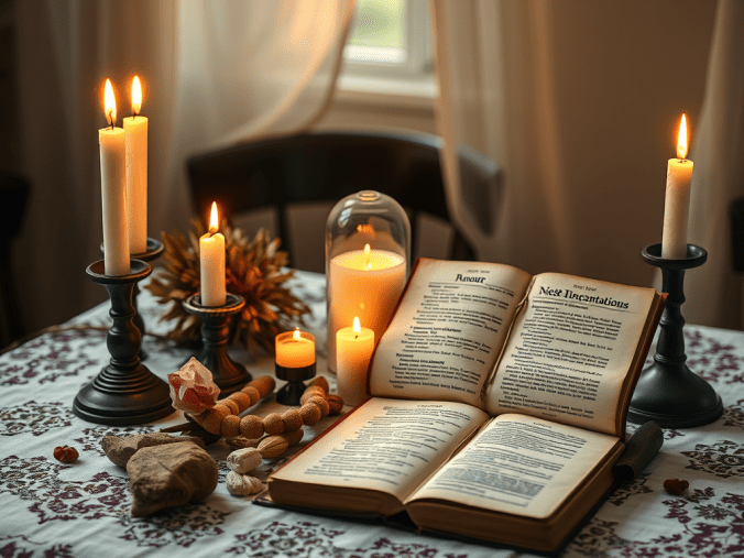 Rituels d'amour illustrant une pratique spirituelle et symbolique autour des intentions amoureuses et de la réflexion personnelle.