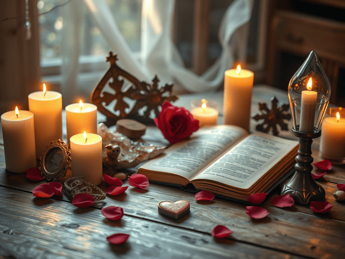 Rituels de magie blanche pour attirer l'amour avec des bougies blanches et rouges, une rose rouge, un quartz rose, des cristaux, de l'encens et une ambiance spirituelle romantique.