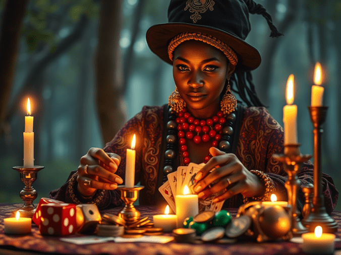 Rituels magiques pour gagner aux jeux de hasard avec des bougies dorées, des pièces anciennes, un trèfle à quatre feuilles, des dés, des cartes et des talismans symbolisant la chance et la prospérité.