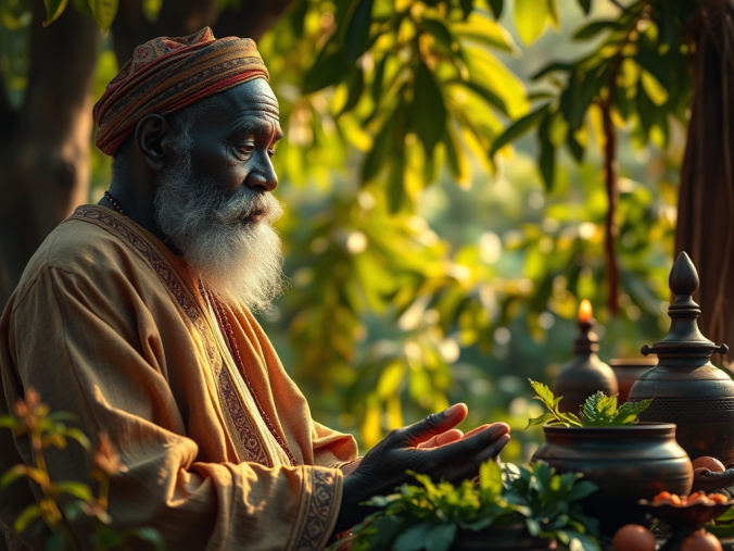 Guérison traditionnelle des marabouts avec un guide spirituel entouré de plantes médicinales, de calebasses, de cauris, de bougies et d'objets traditionnels africains dans une ambiance de sérénité.