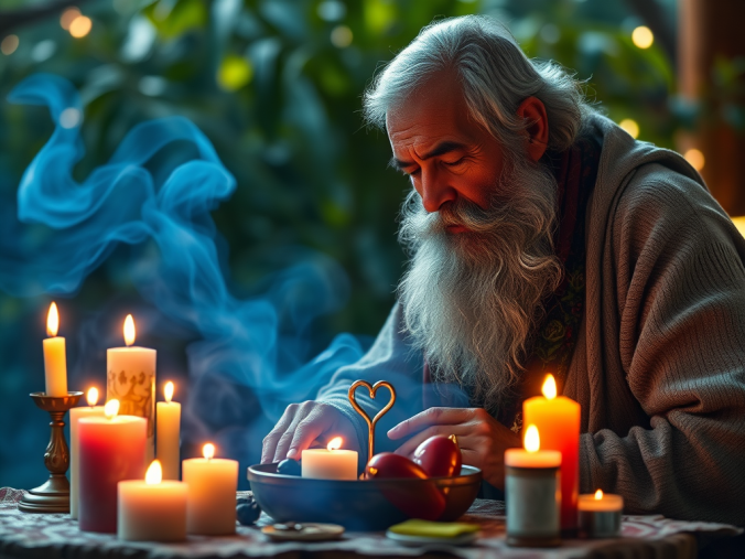 Rituel efficace pour retrouver l'amour avec des bougies, des roses rouges et des symboles spirituels représentant la réconciliation, l'amour retrouvé et l'harmonie sentimentale.