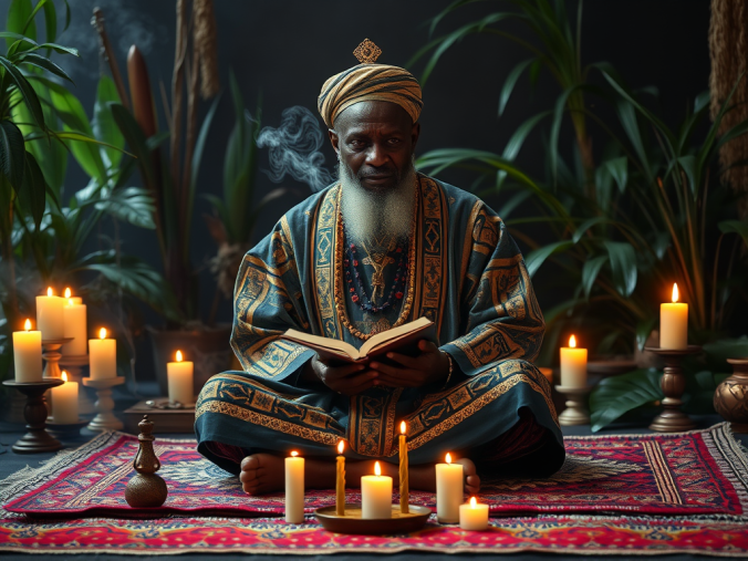 Trouver un vrai marabout du Bénin dans un cadre spirituel avec des bougies allumées, des cauris, un livre ancien, des symboles traditionnels béninois et une ambiance de sagesse et de confiance.
