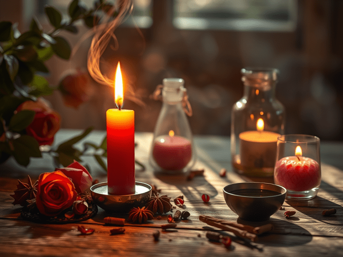 Sort de bougie pour retrouver l'amour avec une bougie rouge allumée, une rose rouge, des pétales de fleurs, un cœur symbolique, des cristaux et une ambiance spirituelle romantique.