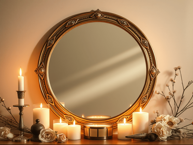 Rituel du miroir pour éloigner les énergies négatives avec un miroir ancien, des bougies allumées, des cristaux, de l'encens et une ambiance spirituelle favorisant la purification et le bien-être.
