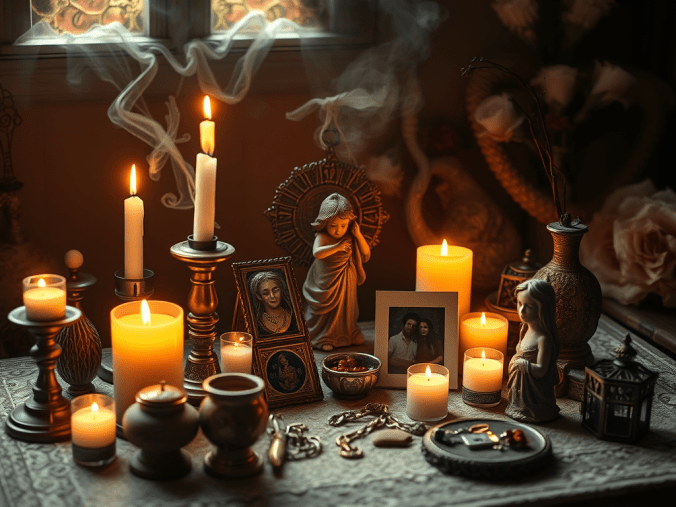 Rituel d'amour pour faire revenir son ex rapidement avec des bougies rouges et blanches, une rose rouge, un cœur symbolique, des cristaux de quartz rose et une ambiance spirituelle romantique.