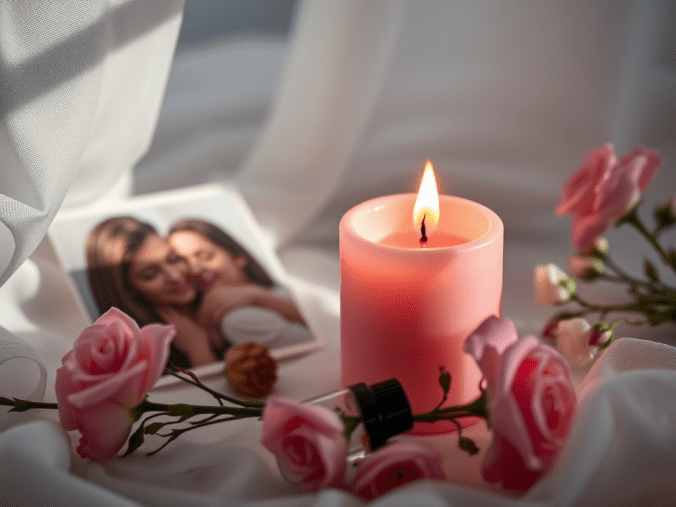 Rituel de retour affectif témoignage avec des bougies rouges et blanches, une rose rouge, une lettre d'amour, des cristaux de quartz rose et une ambiance spirituelle romantique.