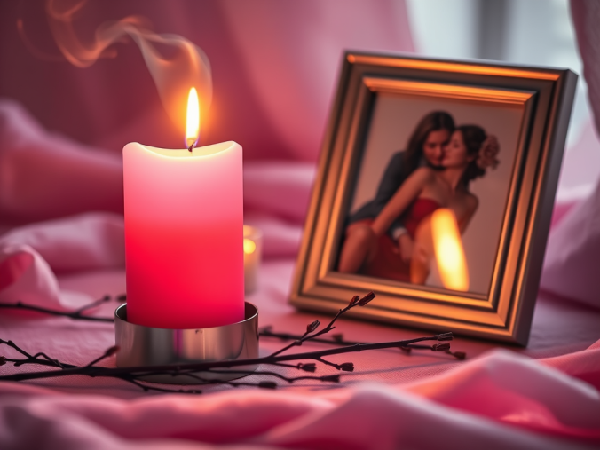 Rituel pour faire revenir son ex témoignage avec des bougies rouges et blanches, une lettre d'amour, une rose rouge, des cristaux de quartz rose et une ambiance spirituelle romantique.