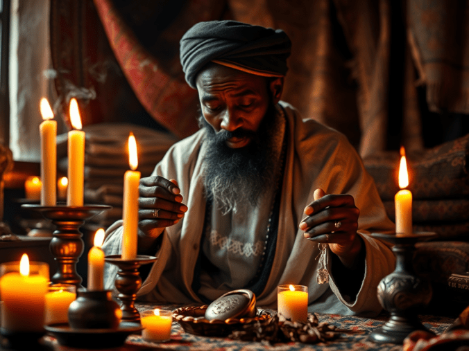 Rituels de marabout témoignages avec des bougies allumées, des calebasses, des cristaux, des plantes traditionnelles, des perles africaines et une ambiance spirituelle symbolique.