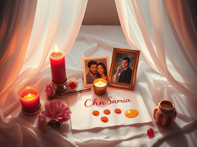 Rituels de retour affectif témoignage avec des bougies rouges et blanches, une rose rouge, des cristaux de quartz rose, une lettre d'amour et une ambiance spirituelle romantique.