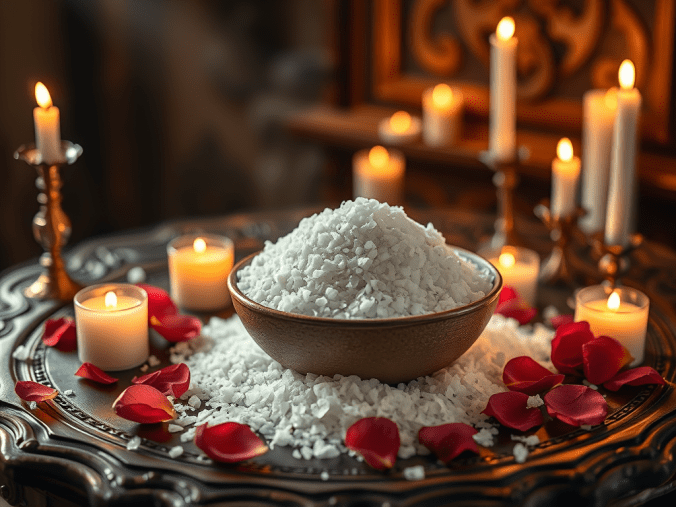Rituel d'amour avec du sel illustrant une pratique symbolique de purification, d'ouverture du cœur et d'harmonie sentimentale.