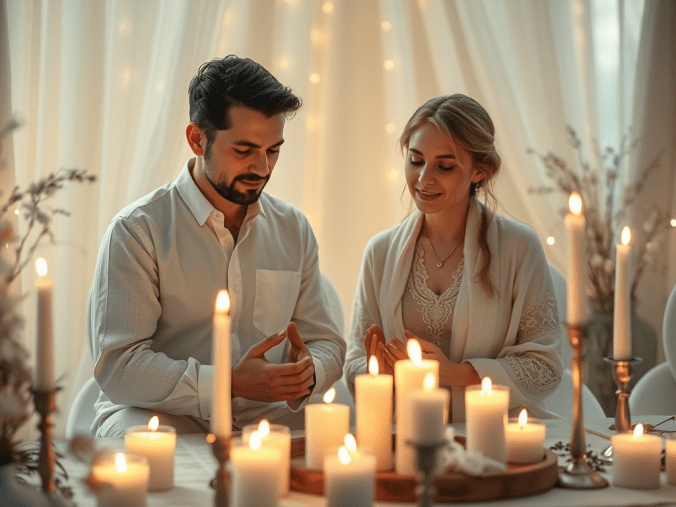Rituel de magie blanche pour sauver un mariage avec des bougies blanches, deux alliances, une rose rouge, des cristaux de quartz rose et une ambiance spirituelle symbolisant l'amour et l'harmonie du couple.