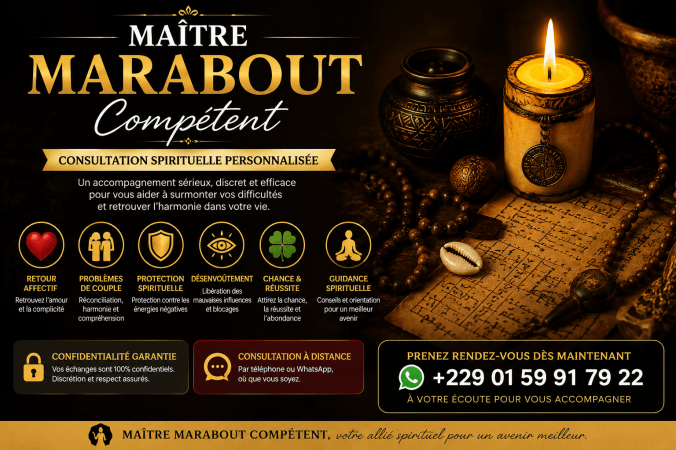 Maître Marabout Compétent proposant une consultation spirituelle personnalisée pour l'amour, le retour affectif, les problèmes de couple, la protection et la guidance spirituelle.
