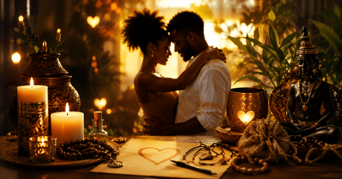 Illustration d'un couple se retrouvant dans une ambiance chaleureuse avec des bougies et des éléments symboliques, représentant le thème du retour affectif et de l'accompagnement spirituel.